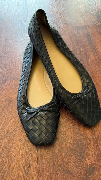 Leather Woven Square Toe Ballet Flats