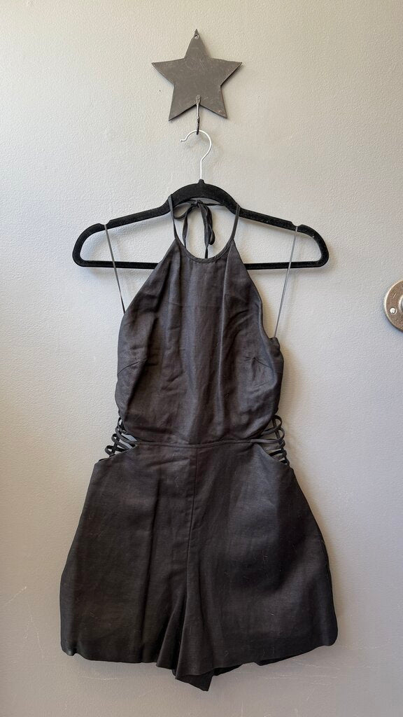 Linen Blend Cutout Halter Romper