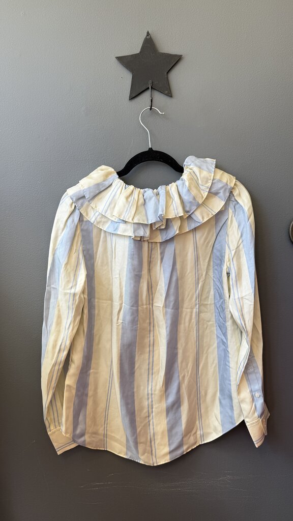 Silk Stripe Ruffle Collar Button Up Blouse