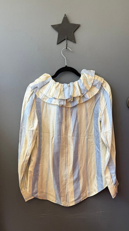 Silk Stripe Ruffle Collar Button Up Blouse