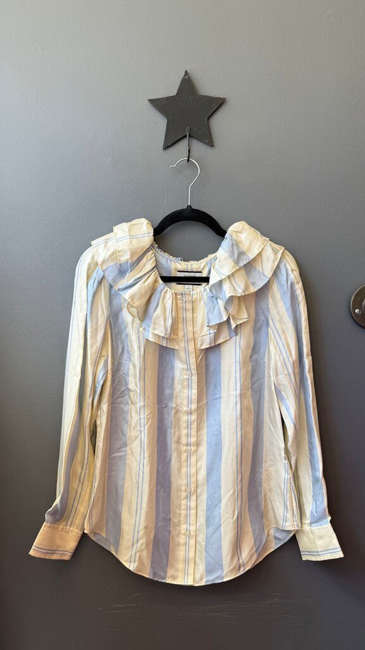 Silk Stripe Ruffle Collar Button Up Blouse