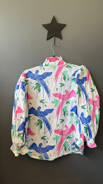 Print Ruffle Neck Button Up Blouse