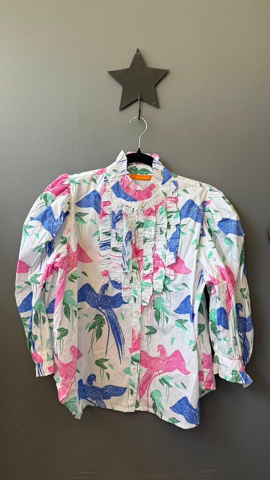 Print Ruffle Neck Button Up Blouse