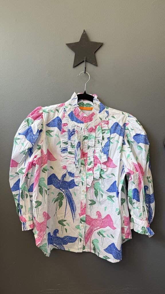 Print Ruffle Neck Button Up Blouse