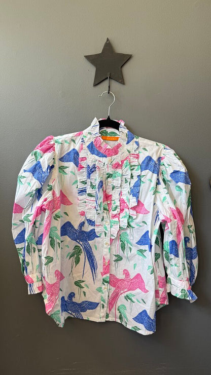 Print Ruffle Neck Button Up Blouse