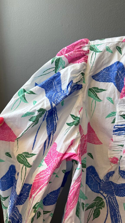 Print Ruffle Neck Button Up Blouse