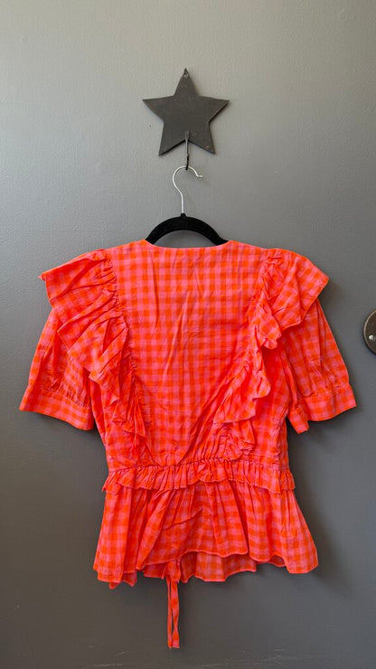 Ruffle Wrap Gingham Blouse