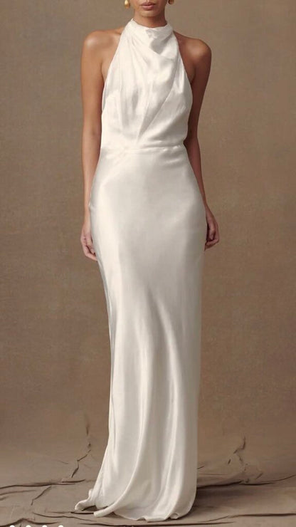 Satin Cowlback Halter Maxi Gown Dress