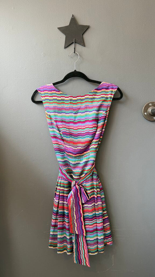Silk Stripe Block Print Fit Flare Dress