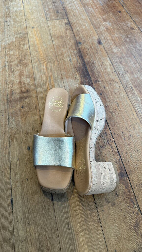 Gold Leather Cork Block Heel Sandals