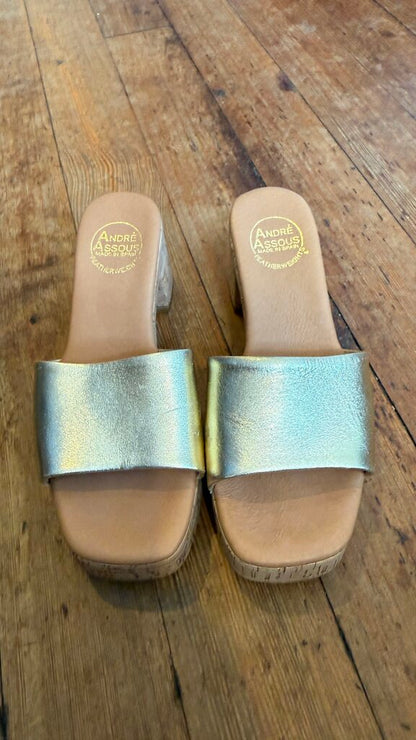 Gold Leather Cork Block Heel Sandals