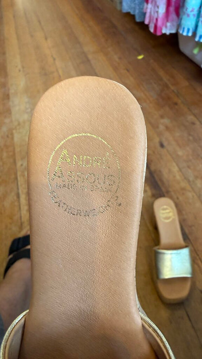 Gold Leather Cork Block Heel Sandals