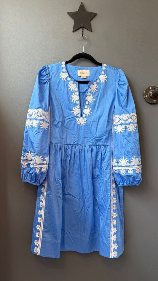 Embroidered Puff Shoulder Dress
