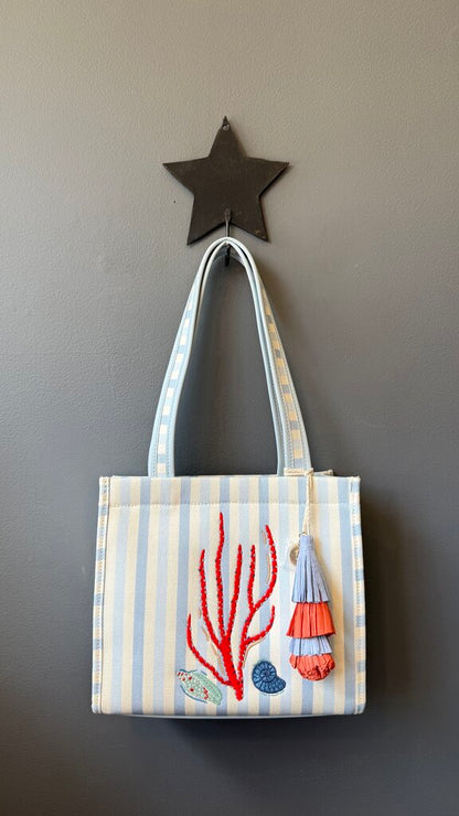 Stripe Embroidered Mini Tote Bag