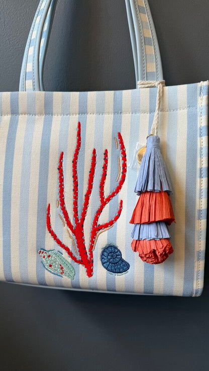 Stripe Embroidered Mini Tote Bag