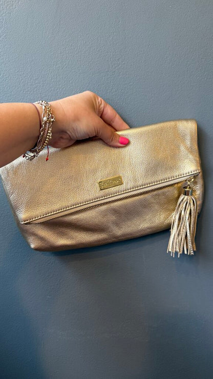 Leather Foldover Zipper Tassel Clutch