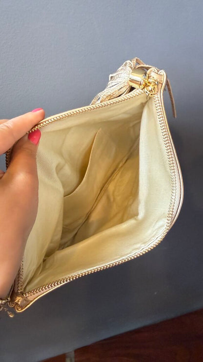 Leather Foldover Zipper Tassel Clutch