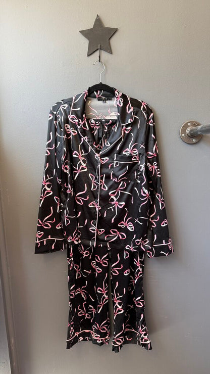 Set Bow Print Satin PJ Set