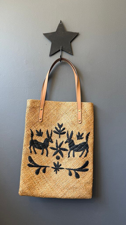 Embroidered Flat Straw Tote Bag