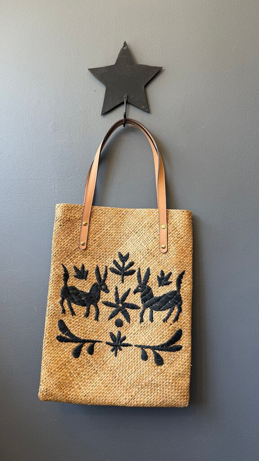 Embroidered Flat Straw Tote Bag