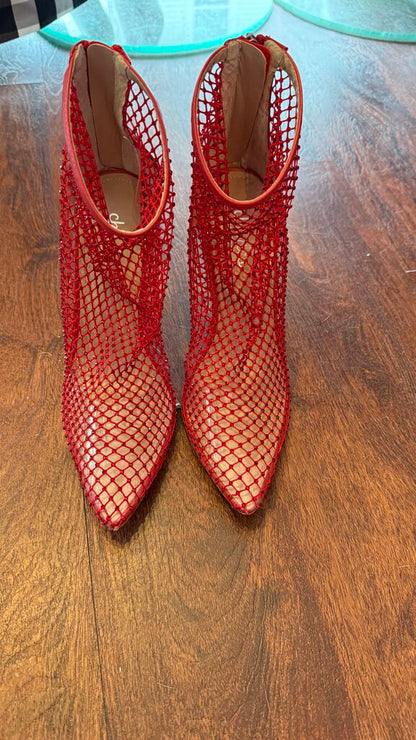 Fishnet Rhinestone Bootie Heels