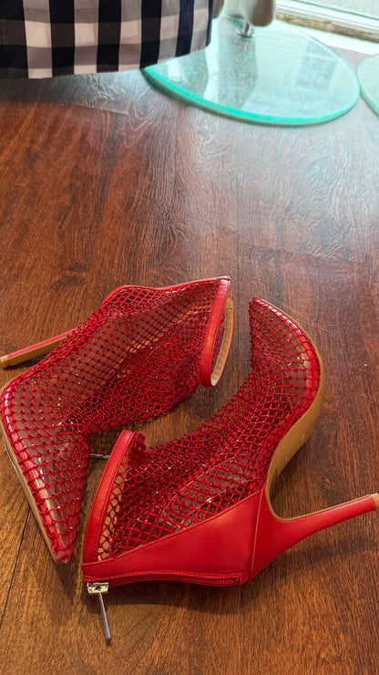 Fishnet Rhinestone Bootie Heels