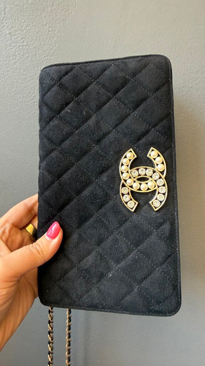 Suede Rhinestone Pearl Logo Flap Bag