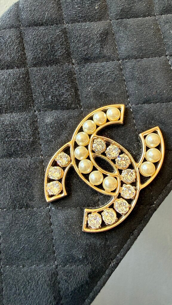 Suede Rhinestone Pearl Logo Flap Bag