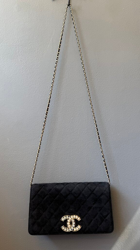 Suede Rhinestone Pearl Logo Flap Bag