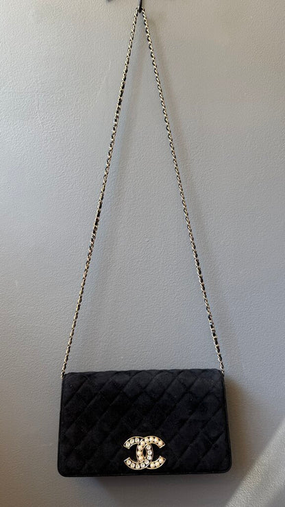 Suede Rhinestone Pearl Logo Flap Bag