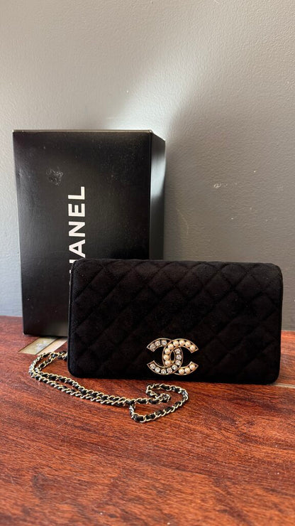 Suede Rhinestone Pearl Logo Flap Bag