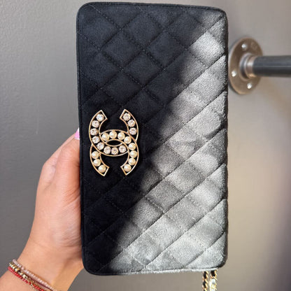 Suede Rhinestone Pearl Logo Flap Bag