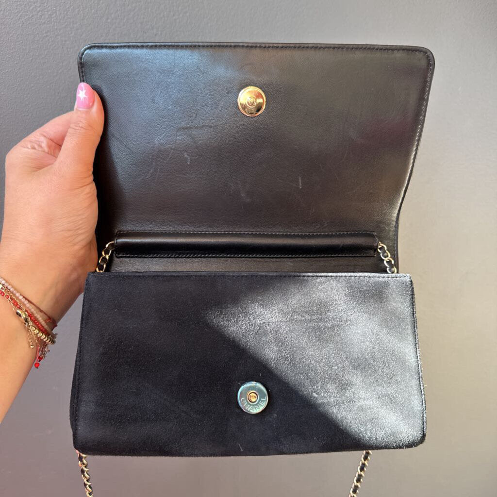 Suede Rhinestone Pearl Logo Flap Bag
