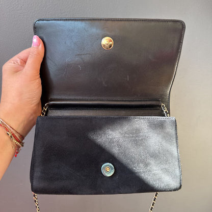 Suede Rhinestone Pearl Logo Flap Bag