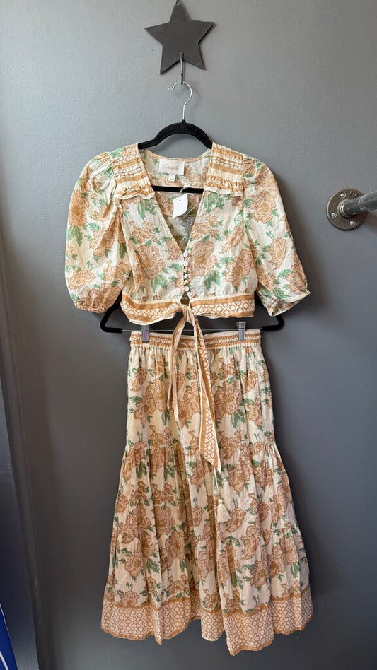 Cotton Floral Midi Skirt + Crop Top