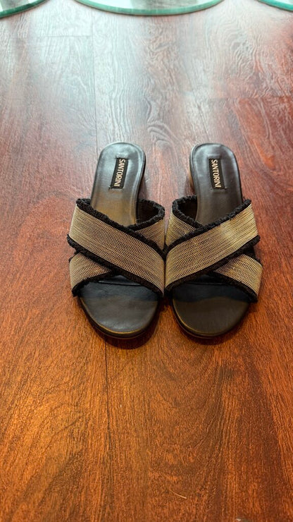 Metallic Fringe Cross Sandals