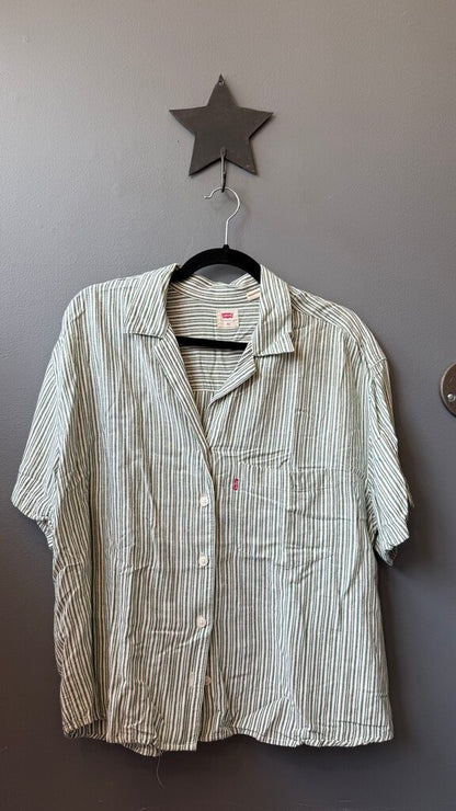Stripe Short Sleeve Pocket Button Up Top