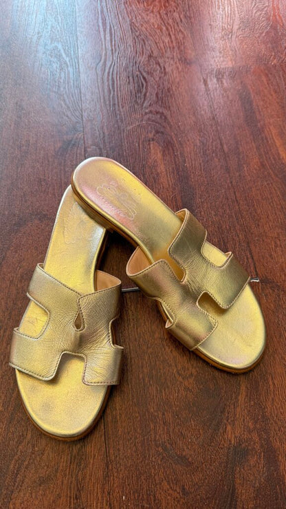 Gold H Flat Slide Sandals