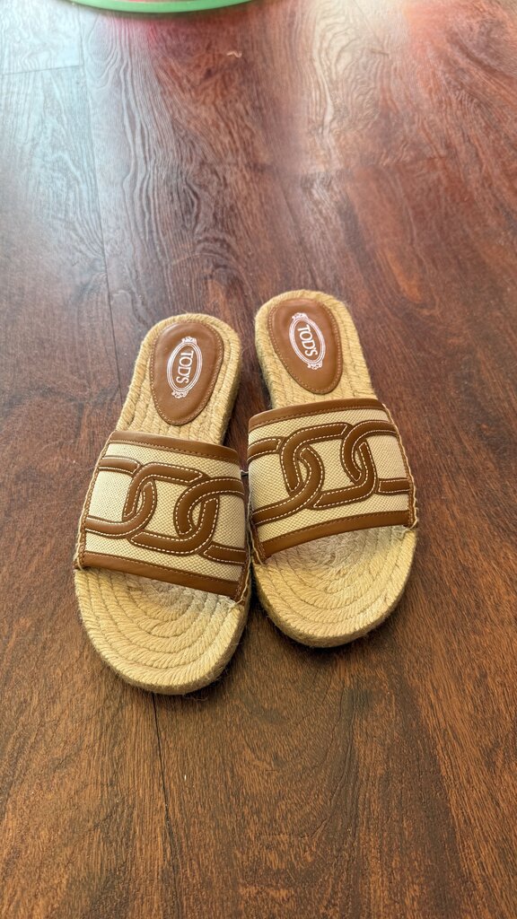 Leather Trim Espadrille Slide Sandals