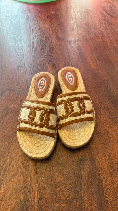 Leather Trim Espadrille Slide Sandals