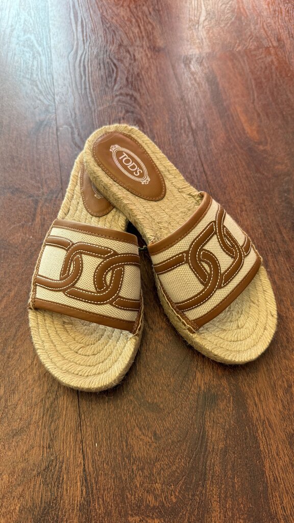 Leather Trim Espadrille Slide Sandals
