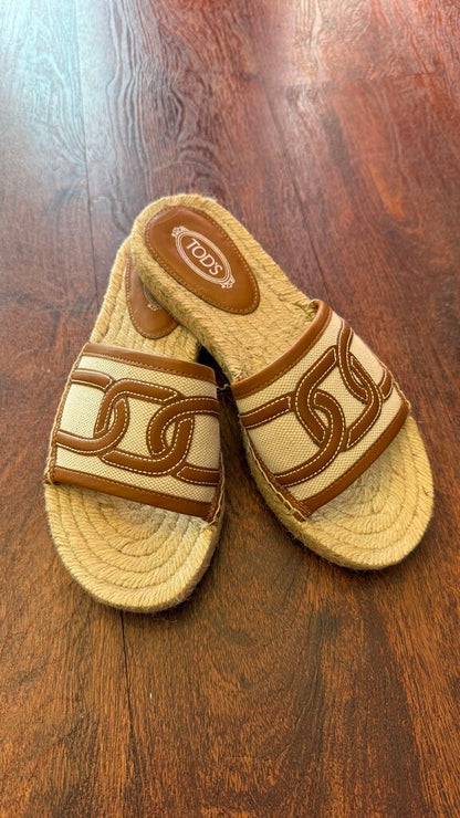 Leather Trim Espadrille Slide Sandals