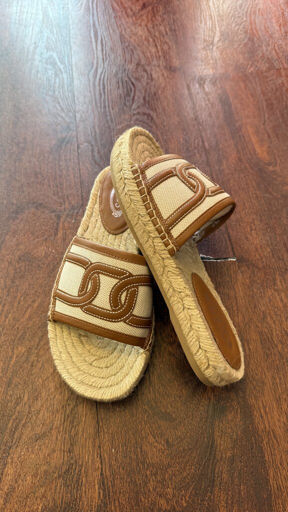 Leather Trim Espadrille Slide Sandals