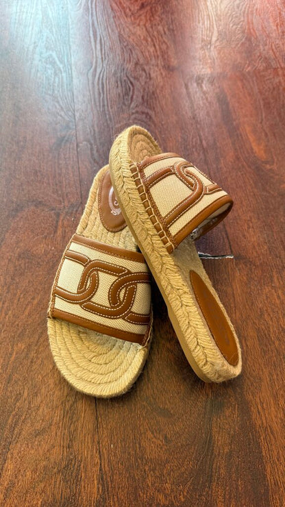 Leather Trim Espadrille Slide Sandals