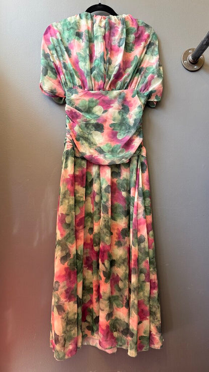 Watercolor Fitted Bodice Midi Dress