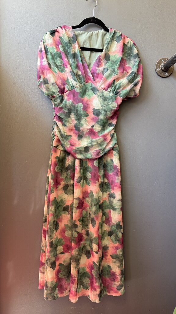 Watercolor Fitted Bodice Midi Dress