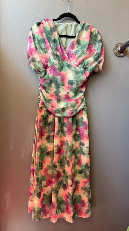 Watercolor Fitted Bodice Midi Dress