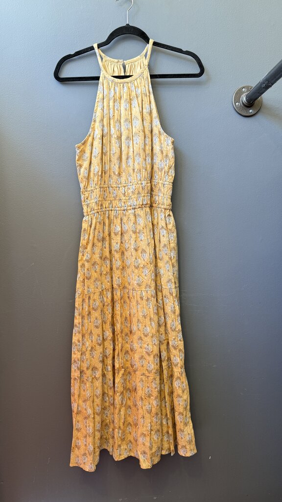 Cotton Block Print High Neck Metallic Midi Dress
