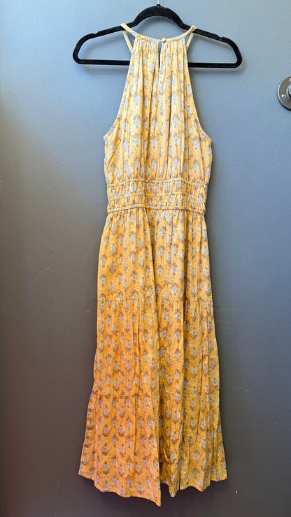 Cotton Block Print High Neck Metallic Midi Dress