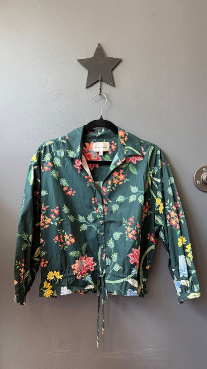 Floral Cotton Drawstring Crop Blouse